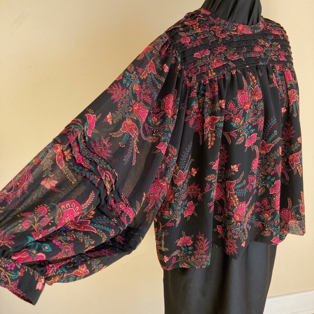 TopShop Sheer Blouson Sleeves Pintuck Yoke Peasant Blouse Sz 12 Floral Boho Top